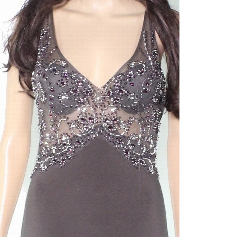 Betsy & Adam Women's Gown Gray Size 4 Long V-Neck Embellished - Picture 3 of 4